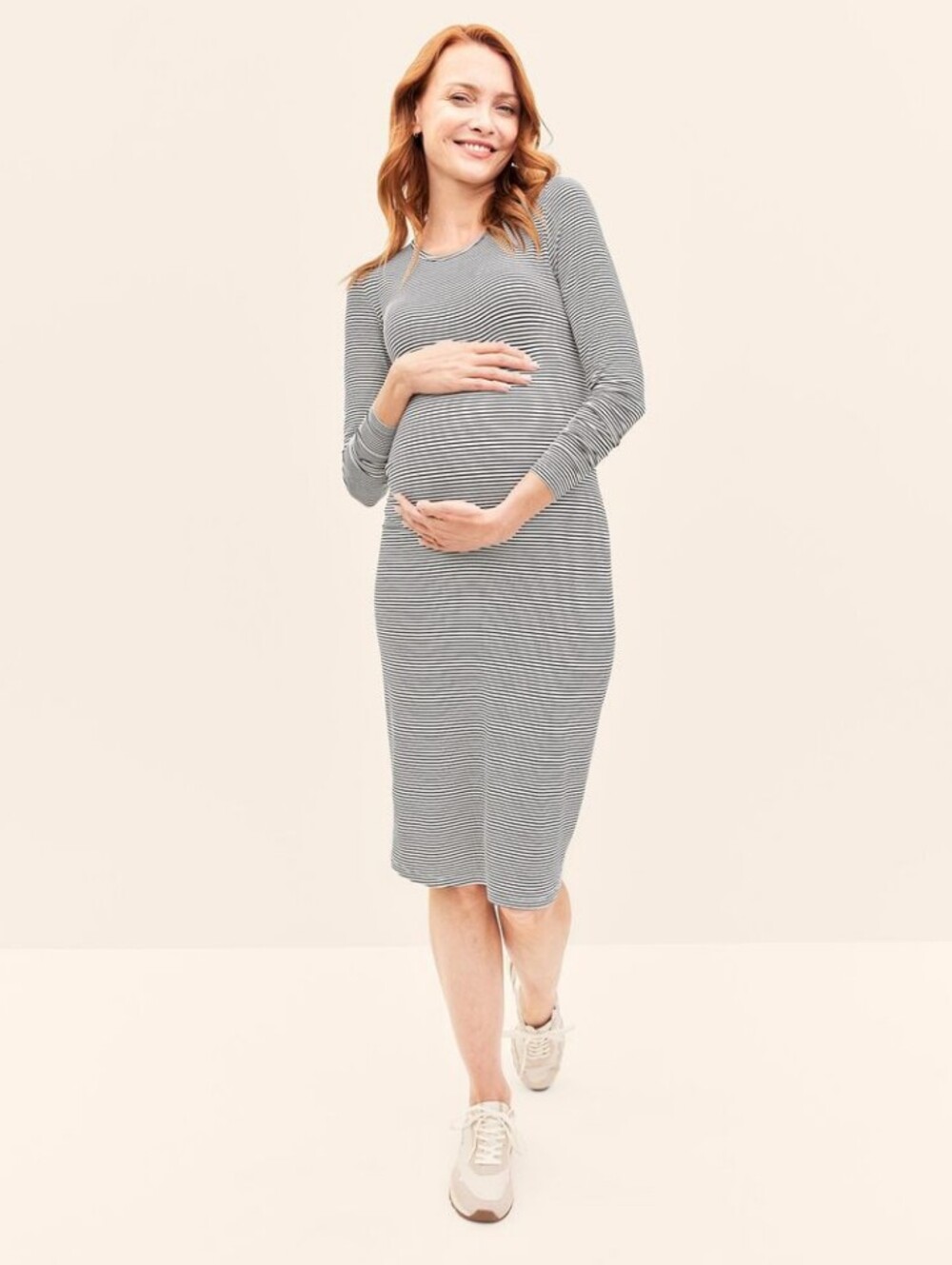 Striped Midi Maternity Dress in Gray